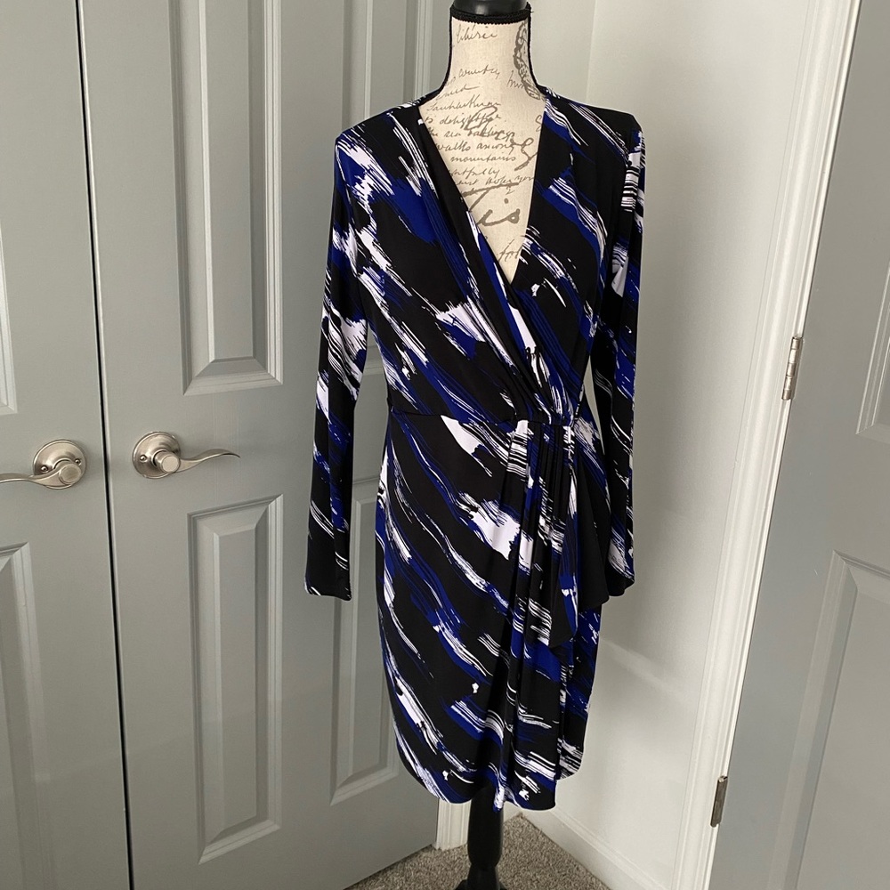Michael, Michael Kors Black/Blue/White Long Sleeved Faux Wrap Dress, Medium